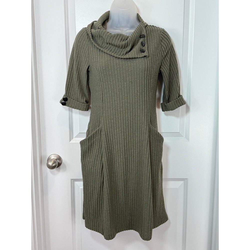 Robbie Bee Olive Green Ribbed Cowl Neck 3/4‎ Sleeve Dress Small Midi Work Career